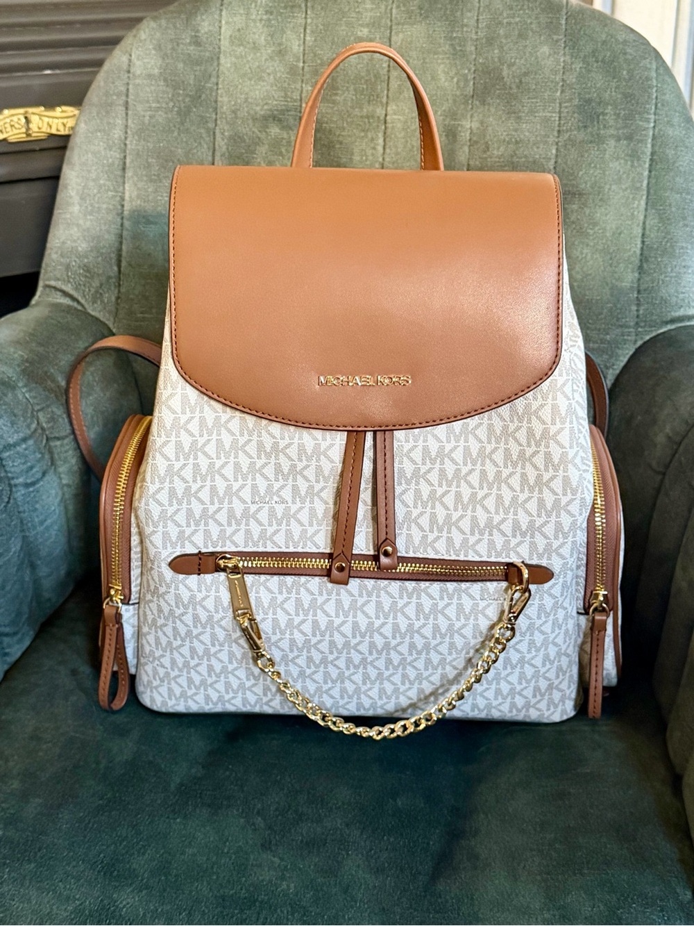 Michael Kors Vanilla Logo Backpack with Brown Leather Trim